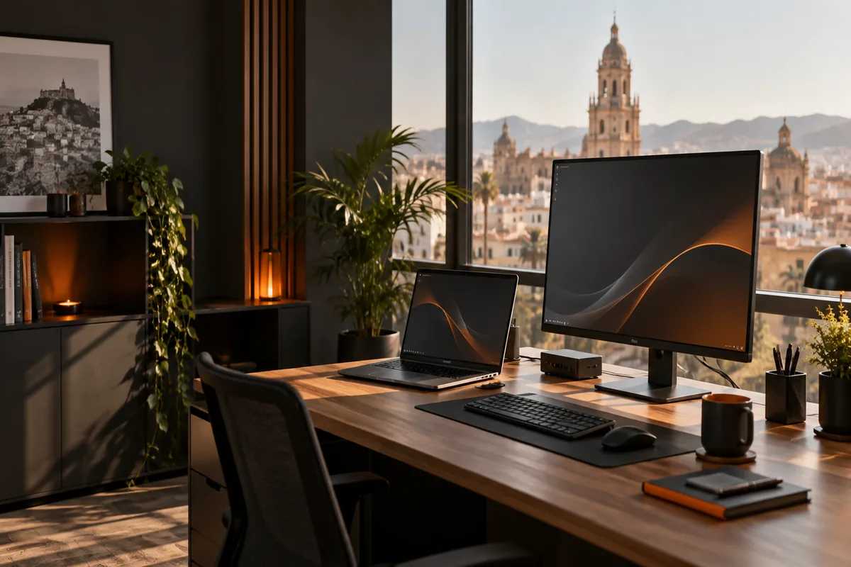 Puesto de trabajo de empresa con ordenador de sobremesa y portátil