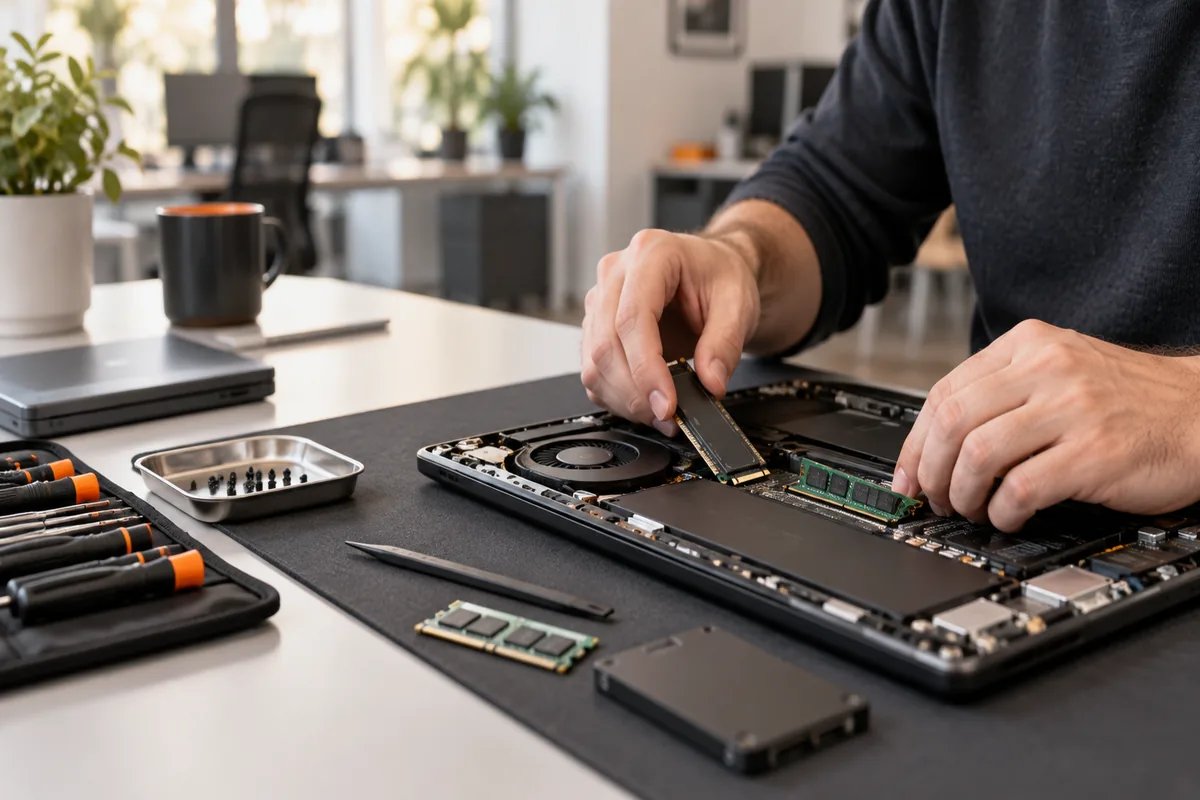 Técnico instalando memoria y almacenamiento SSD en un portátil