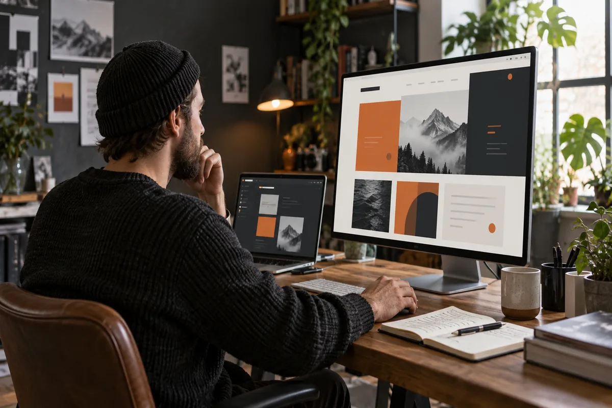 Diseñador web trabajando frente a una pantalla con una propuesta de sitio web