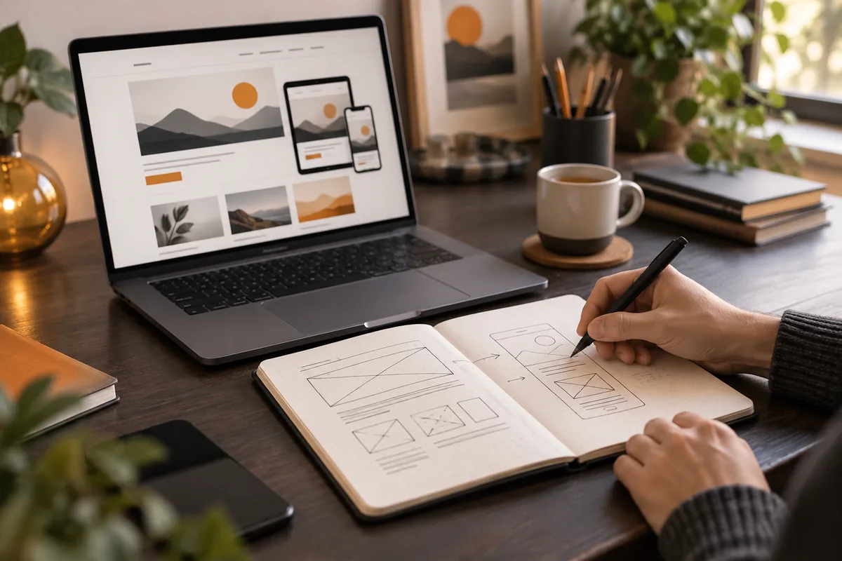 Boceto de una página web junto a un portátil y un móvil